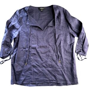 August Silk Navy Blue 100% Linen Tunic Top 3/4 Cinch Sleeve Pockets Womens Large
